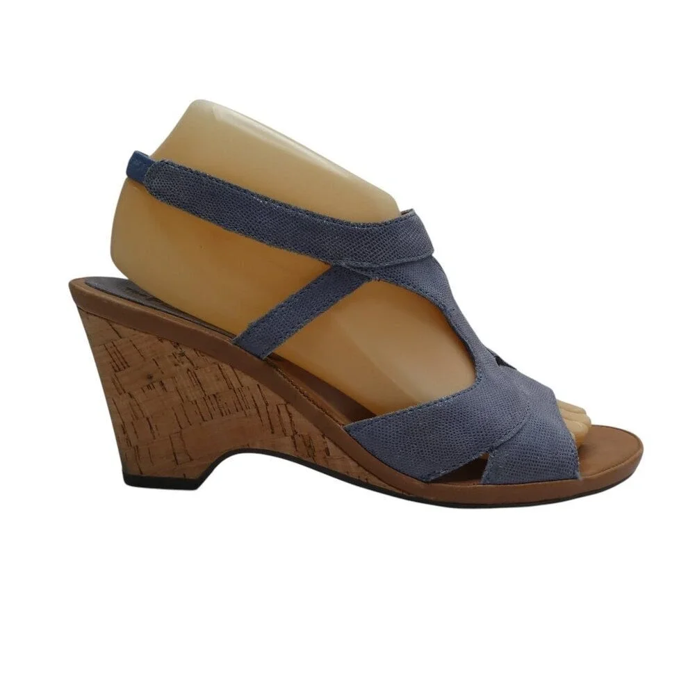 The FLEXX Wedge‎ Sandal Women 8.5 Blue Textured Leather Cork T-Strap Slingback